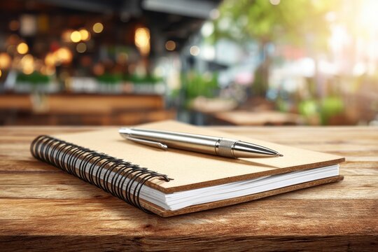 Close-up of a notebook and pen on a wooden table in a cafe, creating a cozy atmosphere perfect for writing, brainstorming, or planning while enjoying the ambiance.