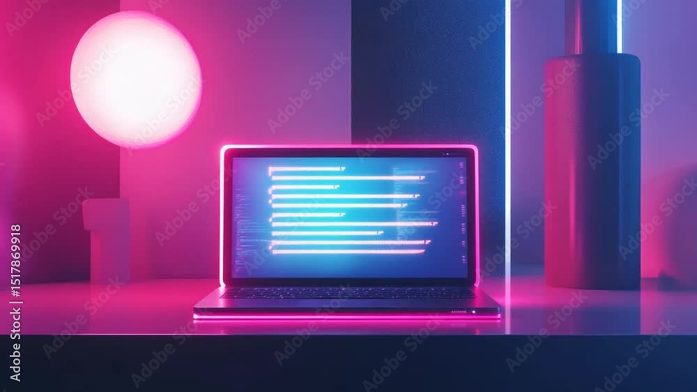 Fototapete Modern Coding Workspace with Neon Lit Laptop Displaying Programming Code Concept Scene