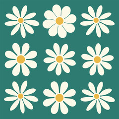 Obraz premium Nine white daisy flowers with yellow centers arranged on a teal green square background pattern design