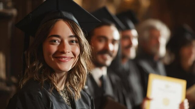 Graduation Success: Smiling graduate in cap and gown at a ceremony, celebrates the culmination of years of dedication. Capturing moment of achievements 