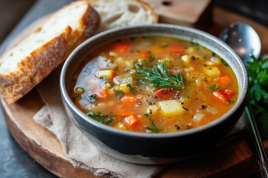 Rustic vegetable soup with toasted bread