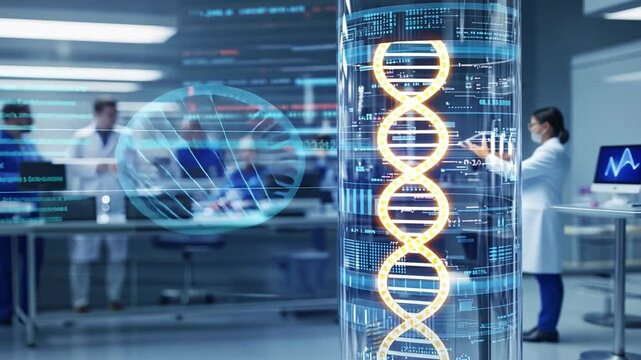 A scientist examines a DNA sequence in a futuristic laboratory. A woman in a white coat is studying a double helix model in a science lab with high-tech displays