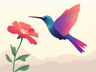 Obraz premium Vibrant hummingbird sipping nectar from red flower on soft background