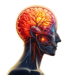 Image profile of human head, neurons, brain, vessels, abstraction, mental health, body and emotion states, balance, equilibrium on transparent background, png