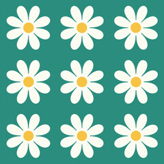 Fototapeta premium Nine white daisies with yellow centers arranged in a square grid pattern on a teal background illustration