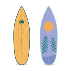 Two colorful surfboards with unique designs for summer adventures