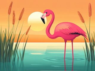 Naklejka premium A pink flamingo stands in shallow water among cattails with the sun setting in the background.