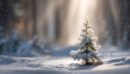 Small Snow Covered Pine Tree in a Winter Forest