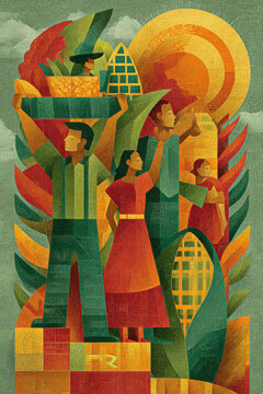 Juneteenth poster with farmers and workers in traditional palette

