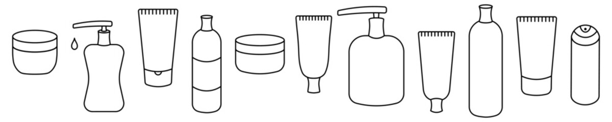 Set of cosmetics in jars, tubes and bottles. Sketch. Vector illustration. Liquid soap, hand cream in a tube, shampoo in a tube, shaving foam in a spray can, face and body cream in a round jar. 