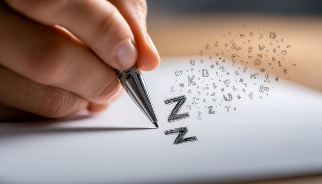 Person drawing letter z on paper with a pen, surrounded by floating alphabet characters and symbols