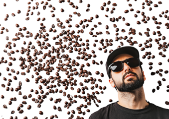 Man in sunglasses coffee beans falling isolated on transparent PNG