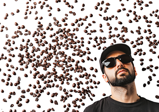 Man in sunglasses coffee beans falling isolated on transparent PNG - Powered by Adobe