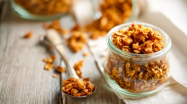 Jar of homemade granola clusters with spoon and scattered pieces on wooden surface
