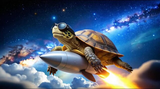 Goggles-wearing turtle rocket launch, cosmic background, whimsical illustration