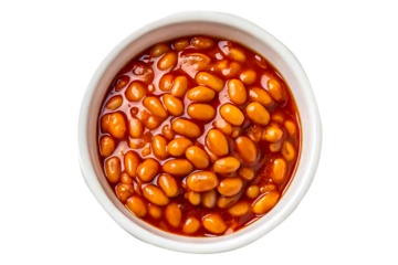 Top view of baked beans in tomato sauce served in white ceramic bowl isolated on white background
