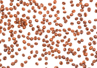 Roasted coffee beans in free fall isolated on transparent PNG