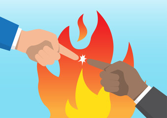 two hands pointing at each other in front of flames