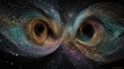Abstract Digital Art: Intertwined Swirling Vortexes with Cosmic Dust, Luminous Textures, and Dark Background for Science, Technology, and Fantasy Concepts