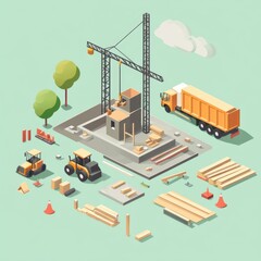 Construction scene with crane, bulldozers, materials, and a partially built structure.