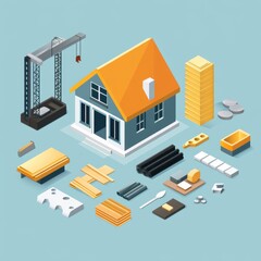 Isometric home construction site with house frame, materials, and crane on a blue background.