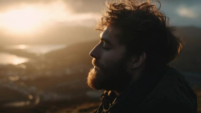 Serene contemplation: A bearded person enjoys a moment of inner peace, absorbing the warm glow of the setting sun. The person is deep in thought
