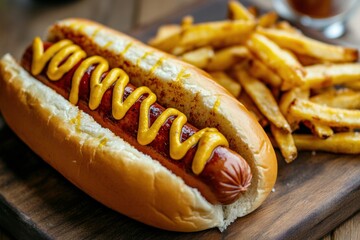 Grilled sausage hot dog with crispy fries