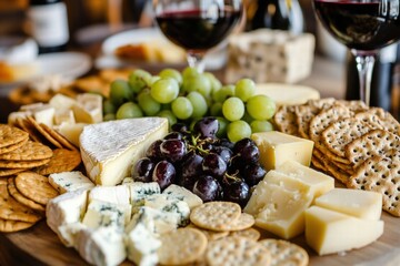 Gourmet cheese platter with grapes crackers and nuts