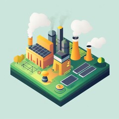 Obraz premium Eco-friendly power plant with solar panels, smokestacks, and grassy terrain.