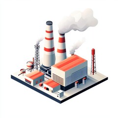 Industrial plant vector with multiple chimneys and modern buildings emitting smoke on white background