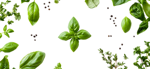 Fresh basil leaves and thyme sprigs with peppercorns isolated on transparent PNG