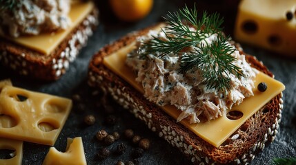Open Faced Tuna Salad Sandwich with Swiss Cheese and Dill on Seeded Rye Bread for Healthy Lunch or Snack