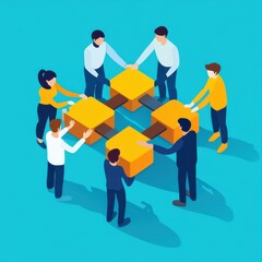 Isometric team of people working together to connect square blocks in a teamwork concept