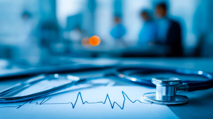 Medical professionals examining an electrocardiogram with a stethoscope on a hospital table