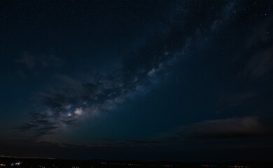Starry Night Sky with Milky Way Over Mountain Lake Panorama