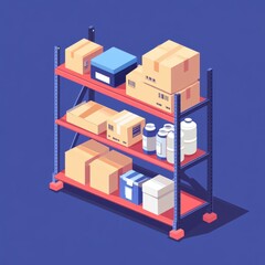 Isometric red storage rack with cardboard boxes and industrial containers on purple background