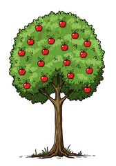 Hand-Drawn Apple Tree: Lush Greens, Vibrant Reds