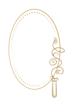 Oval potion label with test tube and curved plant elegant vector line art. Vintage style vertical frame.