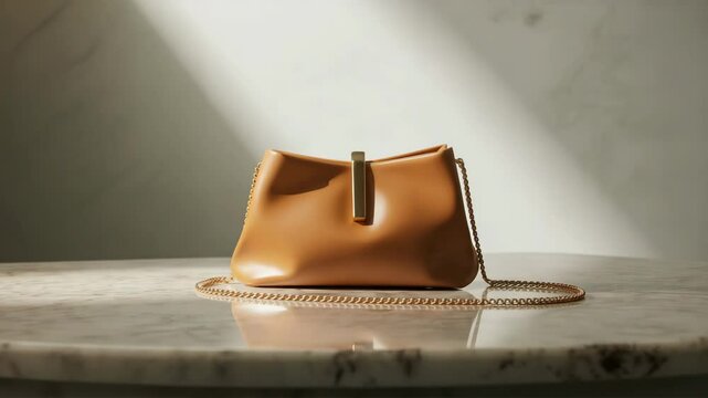 Tan purse with gold chain and clasp on a marble surface, illuminated by natural light.