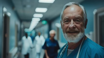 Portrait of smiling senior doctor looking at camera in hospital corridor - Powered by Adobe