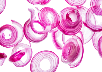 Red onion rings falling in air isolated on transparent PNG