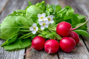 Fresh radishes with green leaves and white flowers resting on rustic wooden table