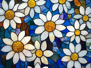 Stained glass depiction of daisy flowers with white, blue, and yellow petals on a wall background.