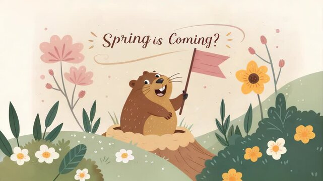 Adorable groundhog Marmota monax announces spring arrival. Groundhog holds flag surrounded by spring flowers. Spring is coming greeting card design for spring announcements.