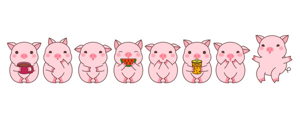 Cute cartoon pig with bubble tea, watermelon, cup of coffee. Happy kawaii pig piglet sticker clipart animal illustration. Piglet Stock vector illustration isolated on white background.
