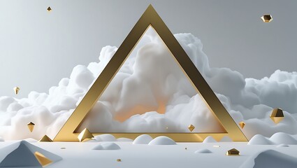 3d render, abstract geometric background of gold linear triangle inside the white cloud, floating mystic vapor, futuristic minimalist wallpaper