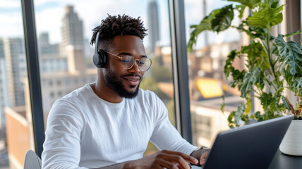 African american young adult male wearing glasses and headphones working on a laptop at a bright modern office with urban skyline view. Wearing headphones watching webinar