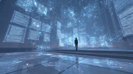 Man Standing in Futuristic Data Center Surrounded by Holographic Code and Network Connections, Artificial Intelligence and Big Data Concept