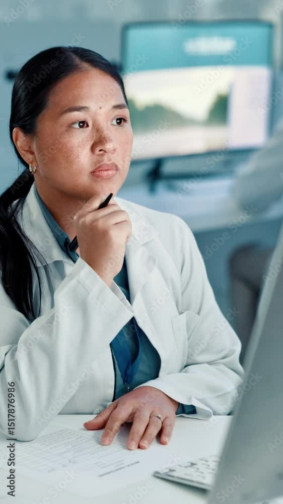 Poster woman, scientist and writing with documents on computer for medical research or test results at lab.