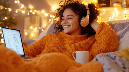 Young hispanic female in cozy sweater enjoying music while working on laptop surrounded by warm fairy lights in a relaxed bedroom setting. Wearing headphones watching webinar
